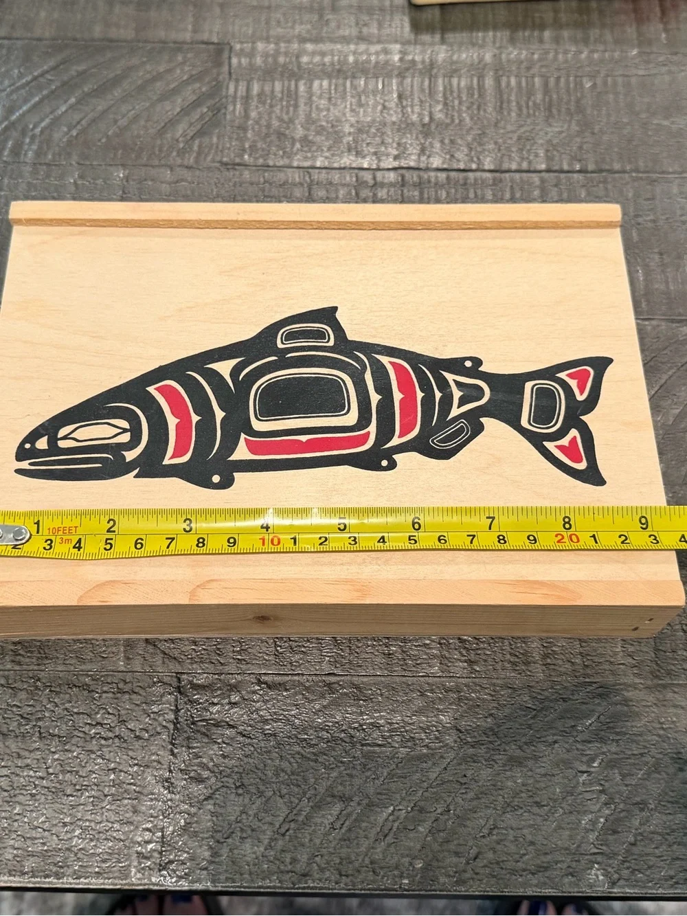 Pacific Northwest Native Salmon Design Wood Slide Lid Box ~ Keepsake Storage Box